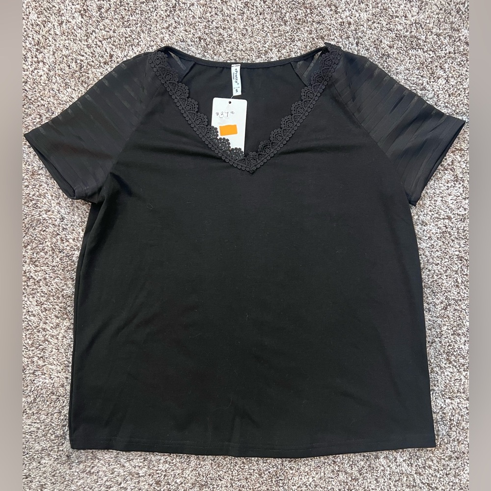ePretty Black V-Neck Lace Trim Top